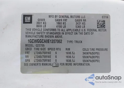 2014 Chevrolet Express 2500 Work Van z USA, uszkodzony, nr VIN 1GCWGGCA8E1207062